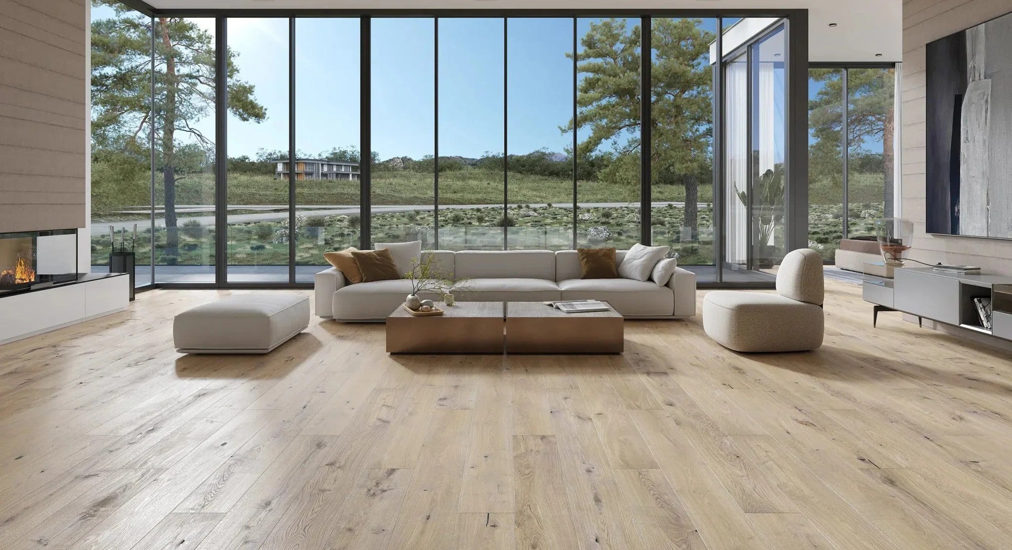 Light-filled interior with wide-plank natural oak flooring